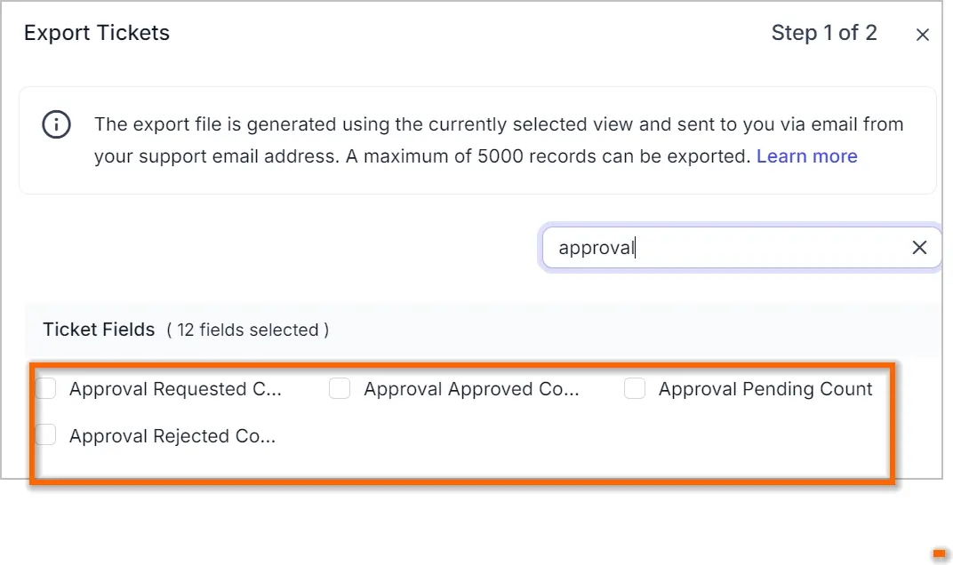 Screenshot of export screen showing “approval” search and orange-highlighted fields: requested, approved, pending, rejected.