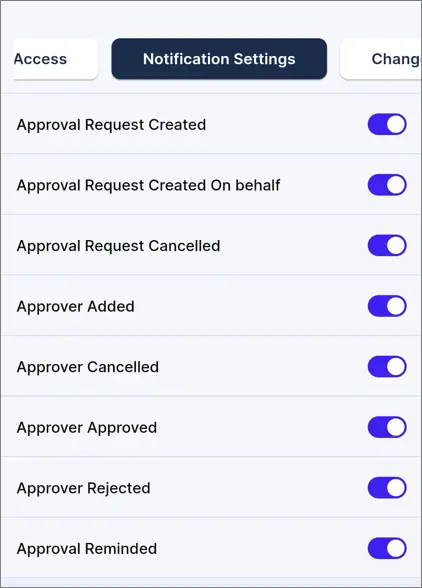 Interface showing notification toggles for approval events; all options activated, including request and approver alerts.
