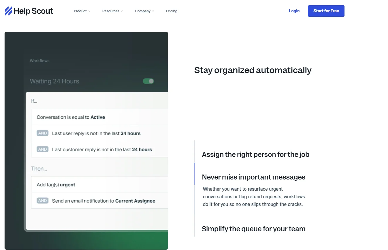 Help Scout page shows shared inbox with 'Stay organized automatically' headline beside screenshot, professional organized tool