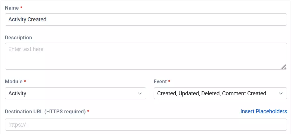 Activity setup interface displays fields for name, description, module, event, and destination URL; customization active.
