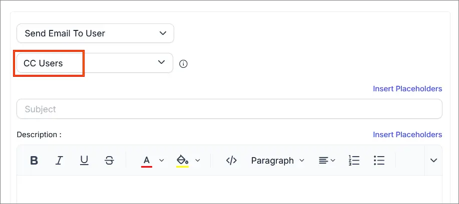 Interface for composing email with dropdowns for user selection, subject and description inputs, and text formatting controls.