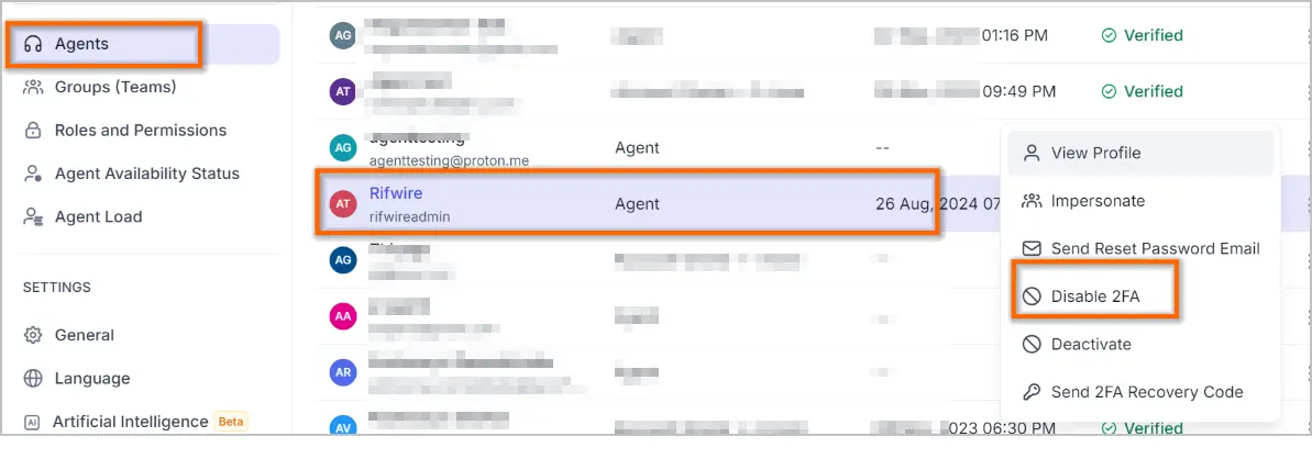 Interface shows user management screen with “Agents” menu highlighted; “Rifwire” selected and 2FA disable option visible.