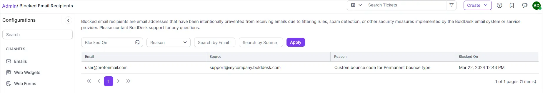 Blocked email dashboard with columns for email, source, reason, and blocked date; one recipient entry is displayed.