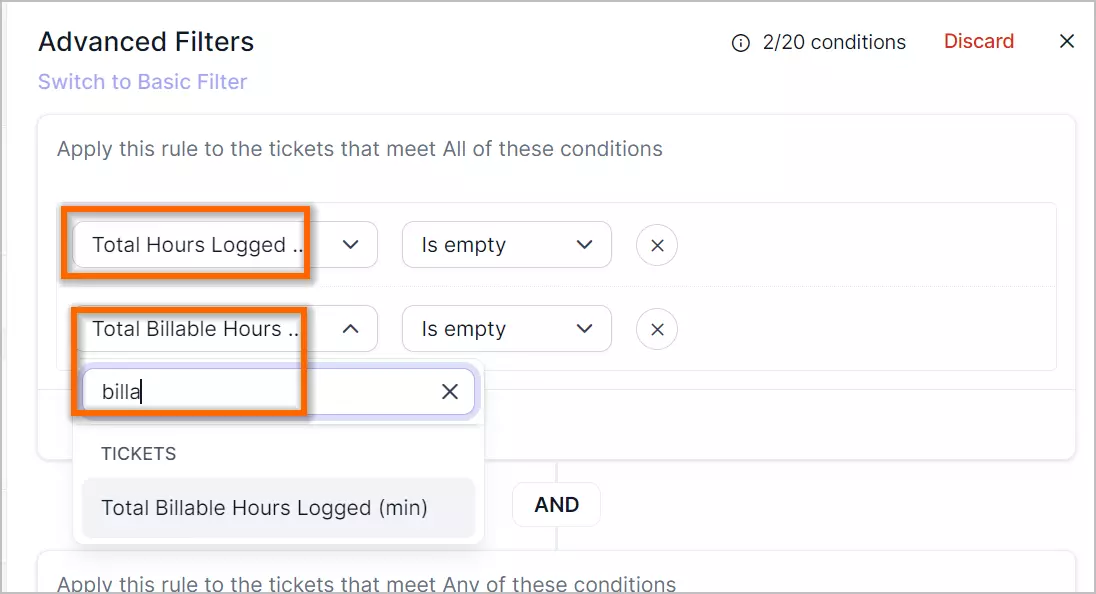Ticket filter interface showing empty conditions and dropdown search with partial 'billa'; highlights intuitive filtering.