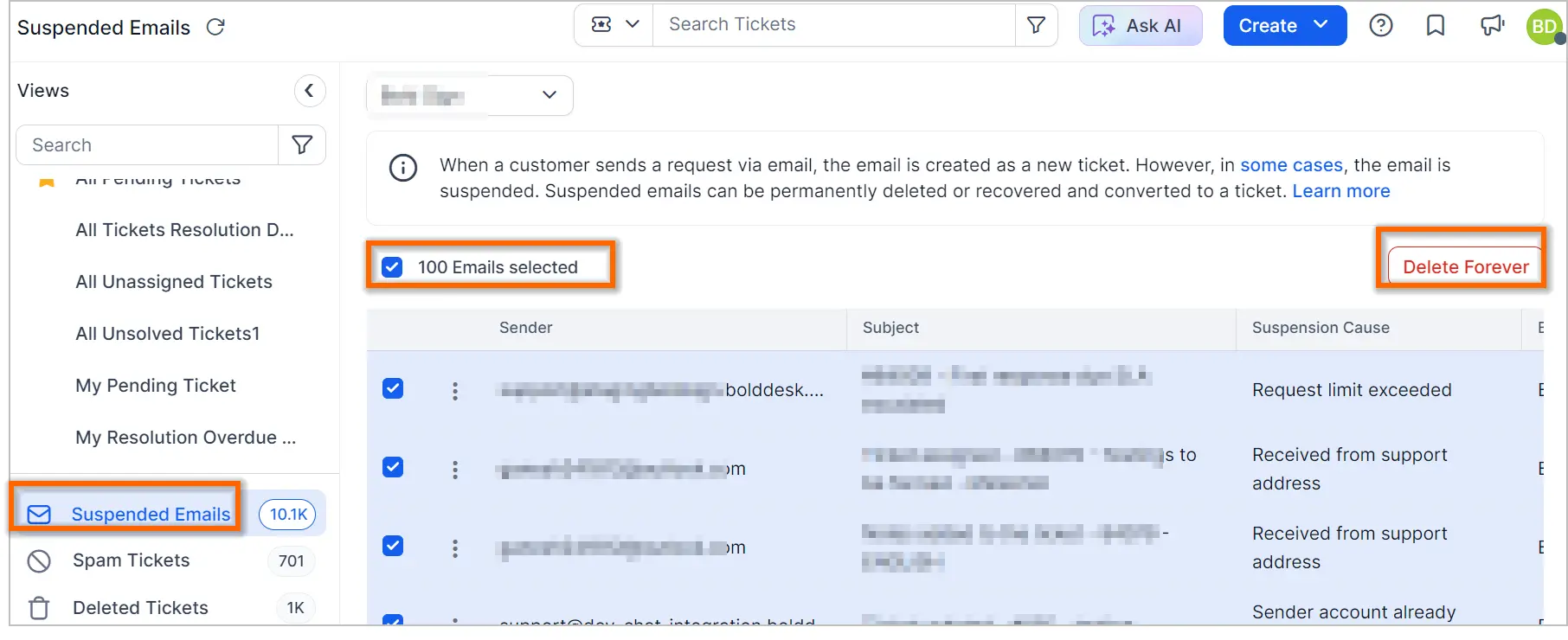 Interface showing suspended emails tab with 10.1k entries; 100 selected for permanent deletion via 'Delete Forever' option.
