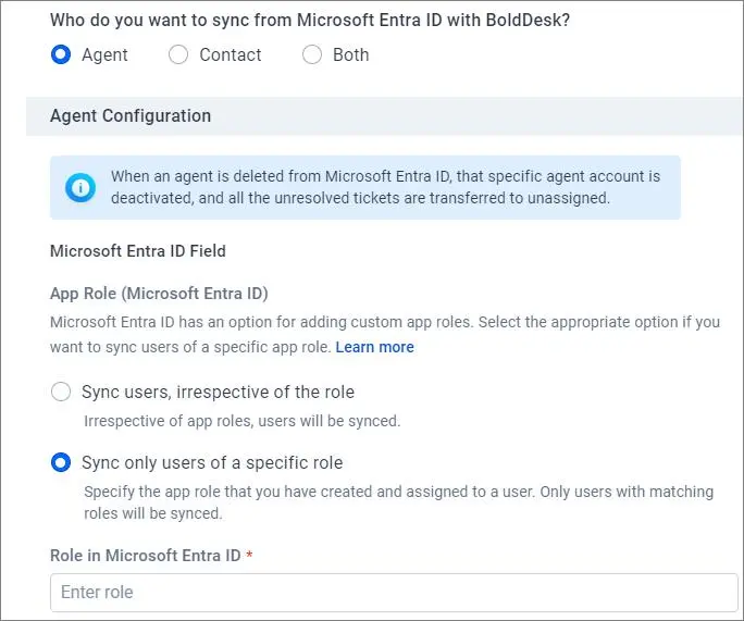 Configuration screen for syncing Entra ID with BoldDesk; options to sync agents, contacts, or both with role settings.