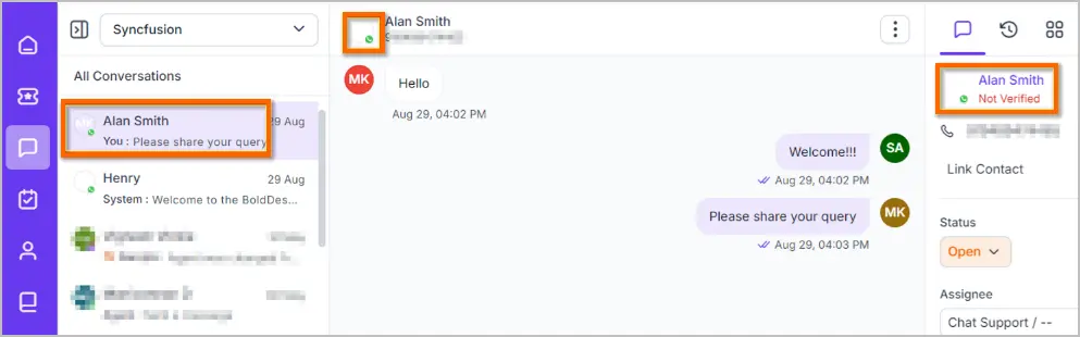 Messaging UI with active chat from Alan Smith; sidebar highlights name in orange, chat shows a professional query request.