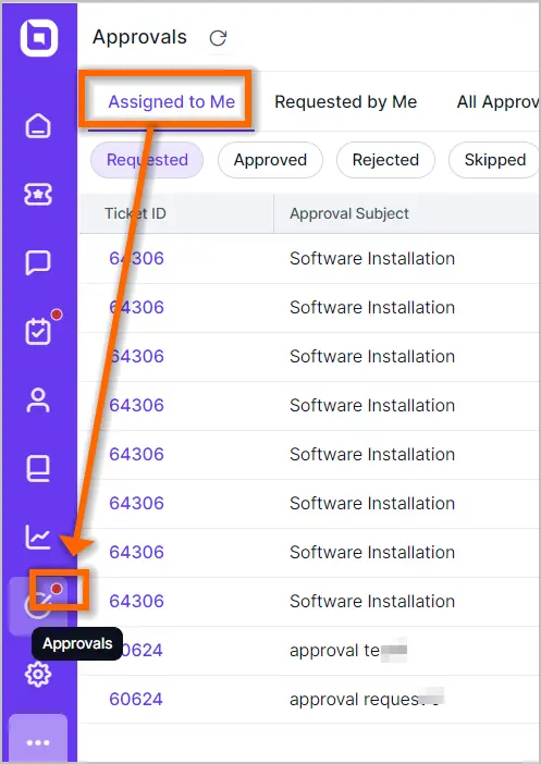 Interface of Approvals dashboard with 'Assigned to Me' highlighted; ticket IDs show software installation requests.
