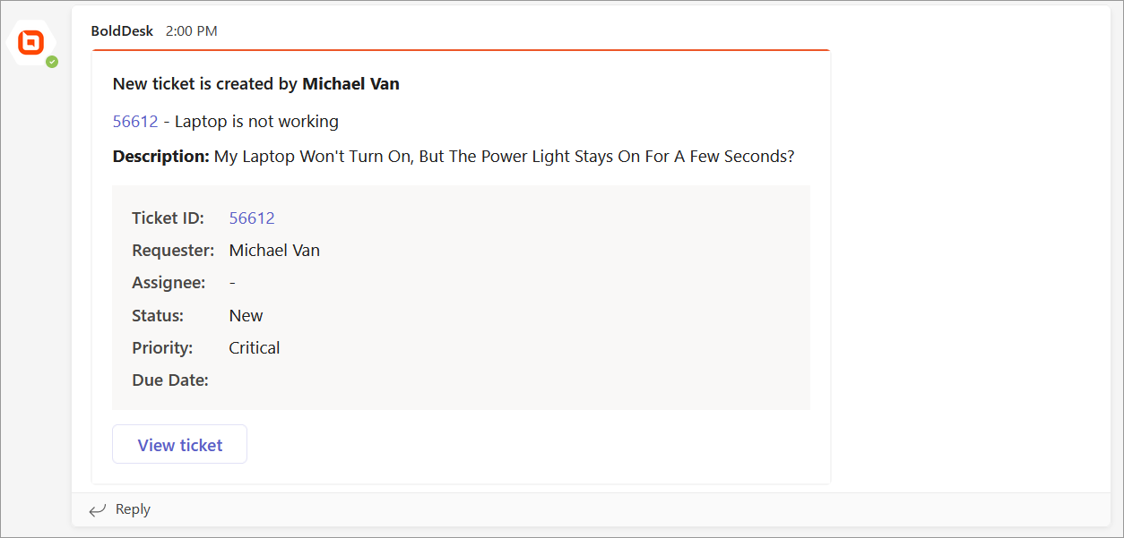 BoldDesk ticket alert: Michael Van reports critical laptop issue; status is New, no assignee yet; includes view ticket link. 