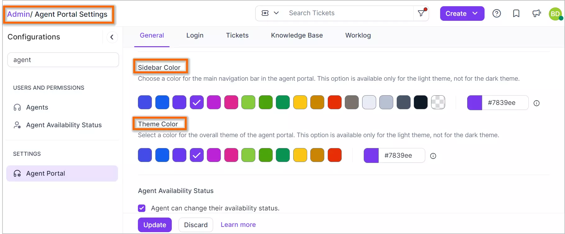Admin interface with agent portal settings, sidebar and theme color swatches; 'Update' button shown at bottom.