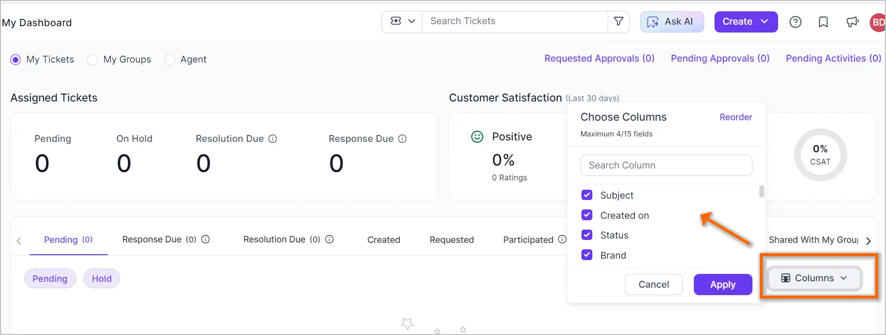 Ticket dashboard interface with zero pending/resolved counts; pop-up on right shows Subject and Status column settings.