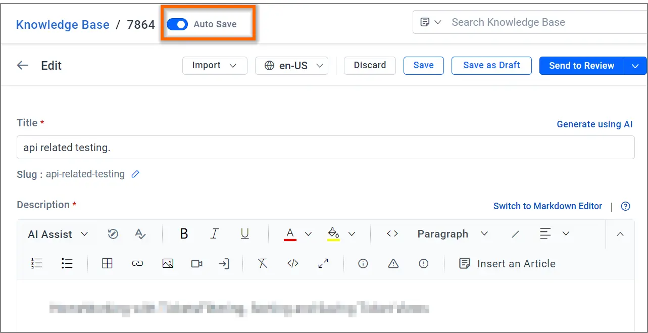 Knowledge base editor interface showing “Auto Save” on, with import, discard, save, submit buttons and formatting toolbar.