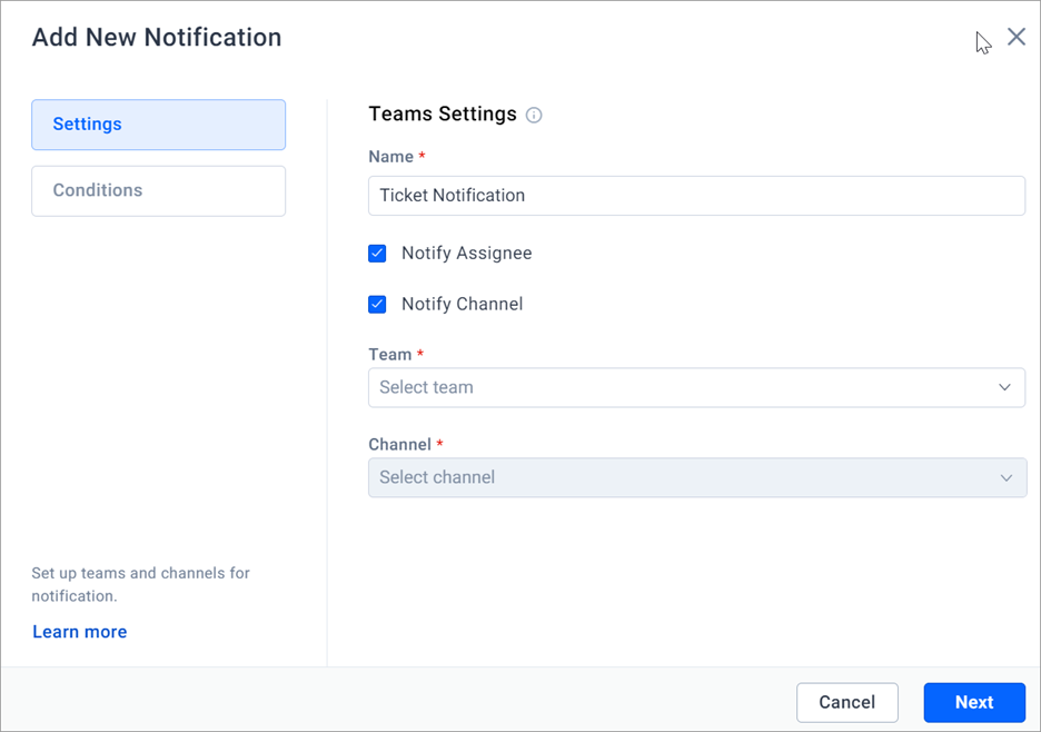  Screenshot of Teams Settings for adding a new notification, showing fields for name, team, channel, and notify checkboxes. 