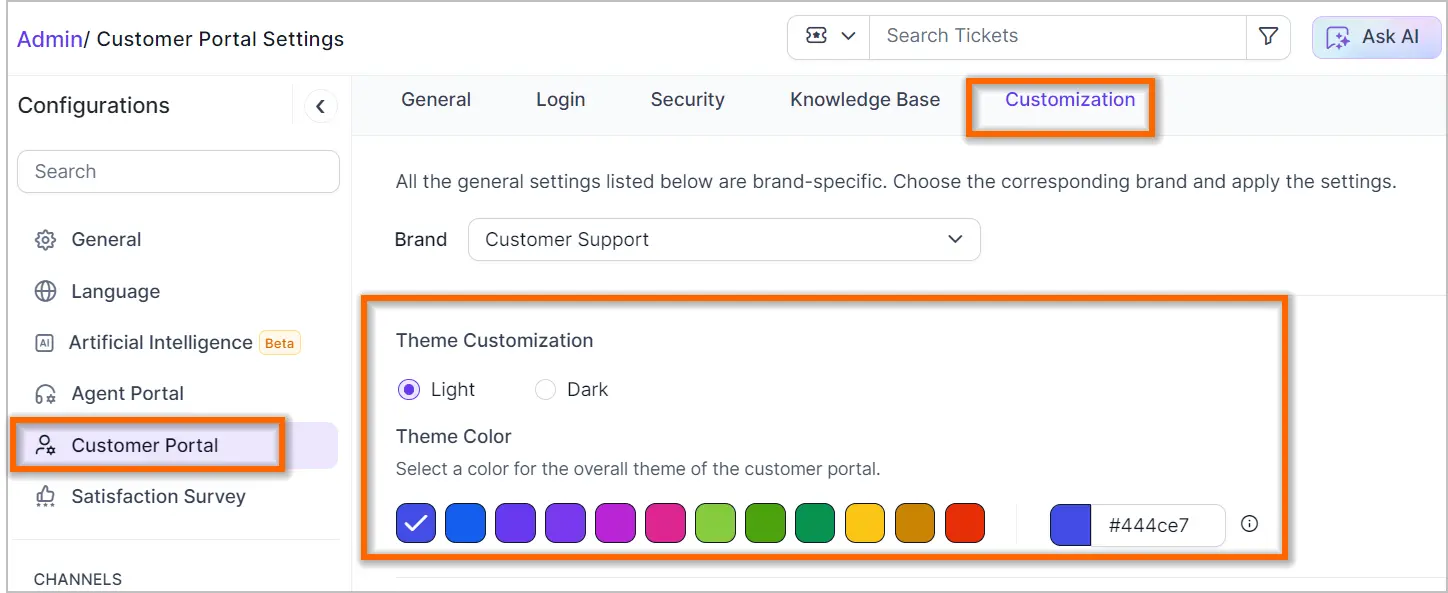 Settings interface for customer portal customization; includes theme choices and circular color options for styling.