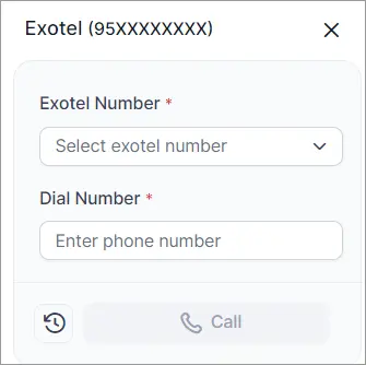 Exotel interface showing number selector, phone input field, and action icons for initiating a call and refreshing.