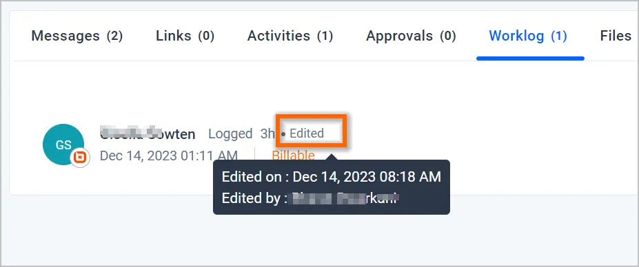 Screenshot of worklog tab with a 3-hour entry edited by user on Dec 14, 2023, 08:18 AM; updated status clearly shown.
