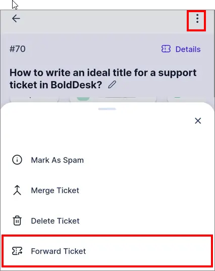 Screenshot shows BoldDesk support interface with ticket actions in red and prompt for writing effective ticket titles.