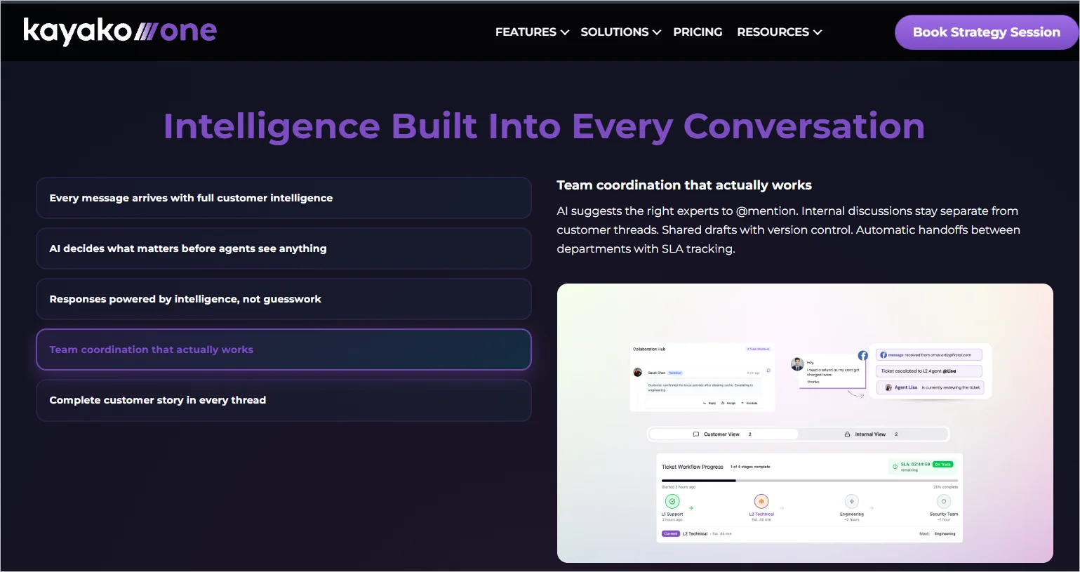 Kayako one shared inbox with heading "Intelligence built into every conversation"