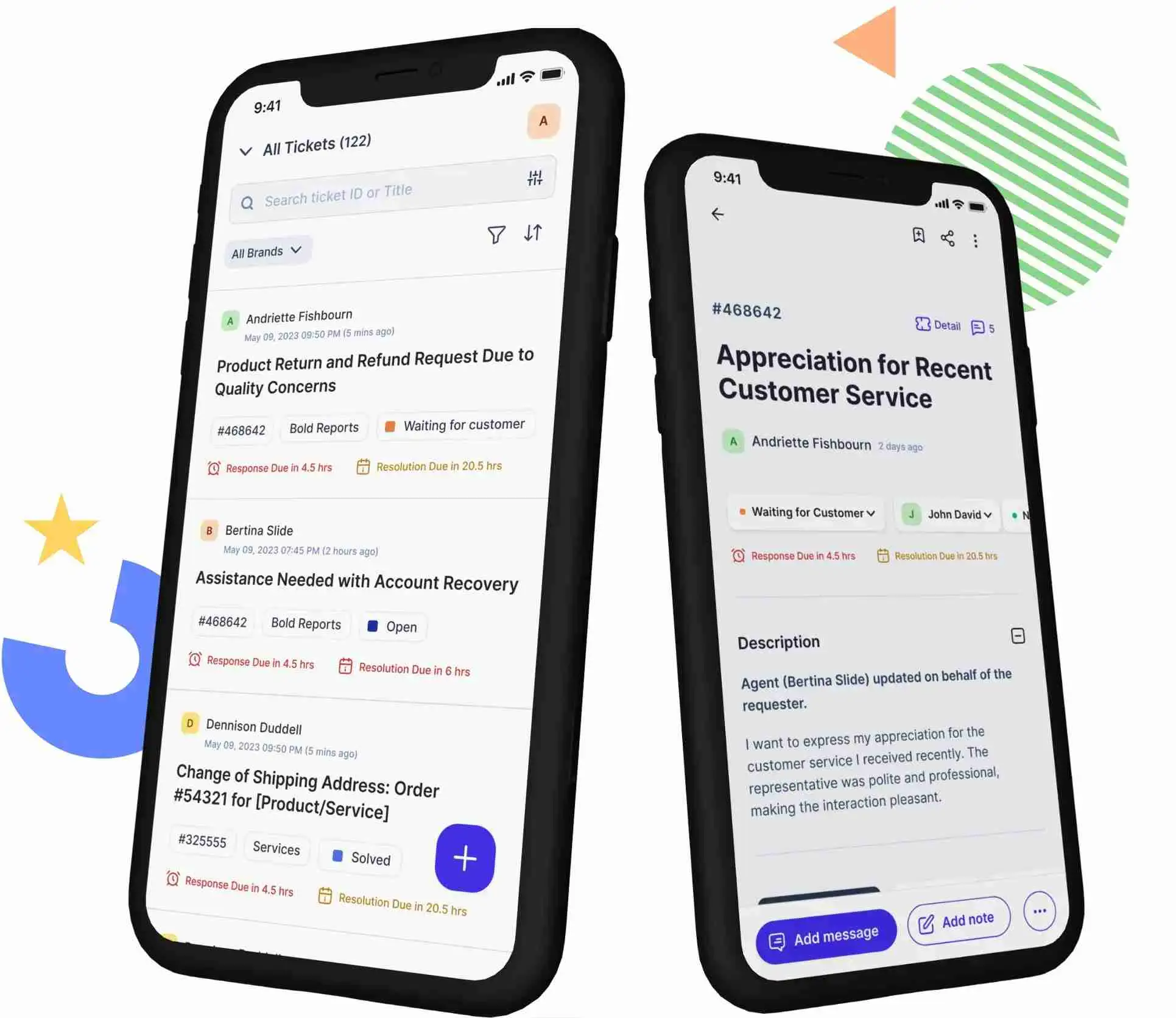 Two smartphones show customer service technology with ticket lists: organized mood and a colorful geometric background