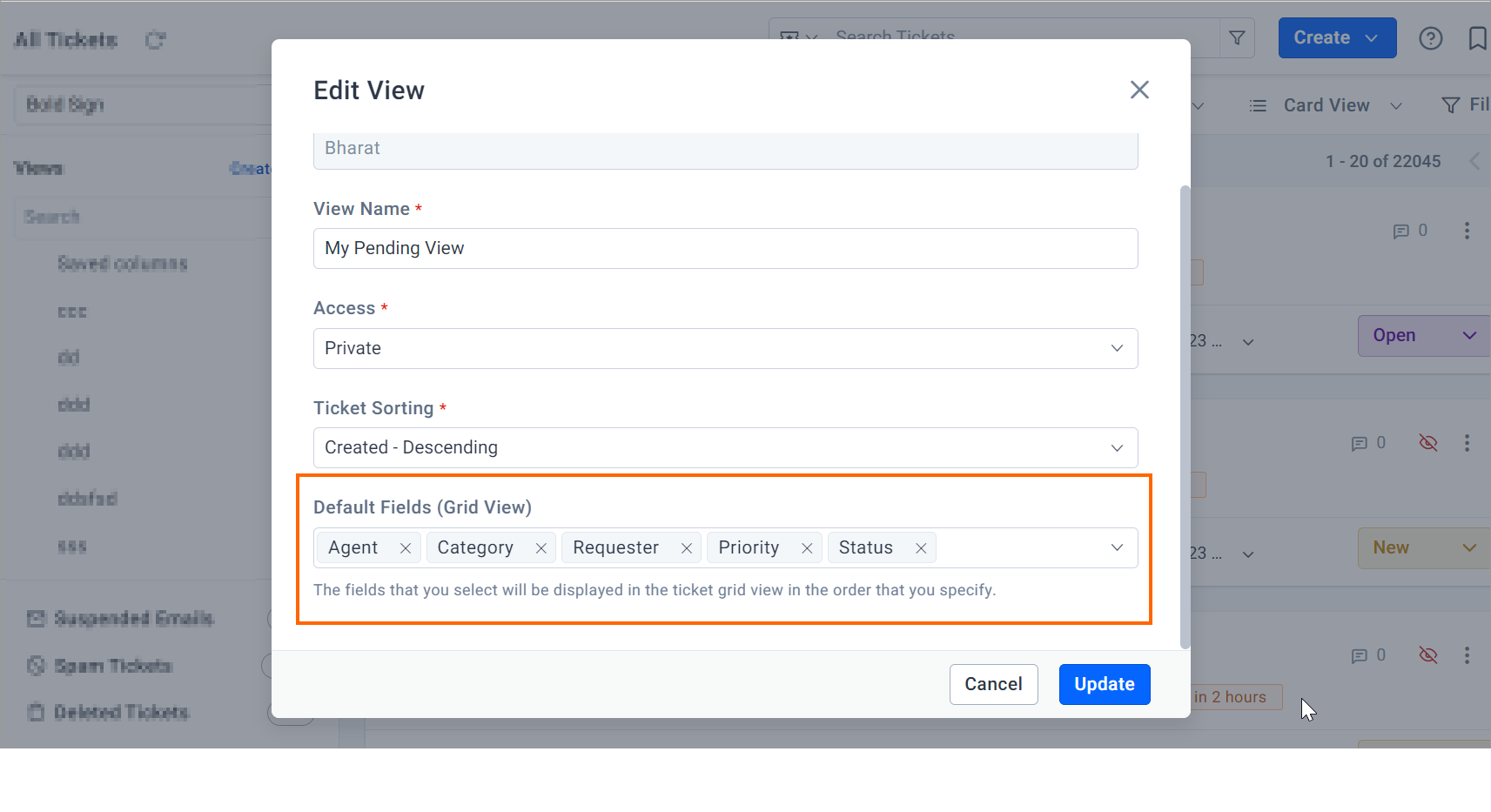 Edit View interface with ticket settings and default fields including Agent, Category, and Status; clean layout shown.