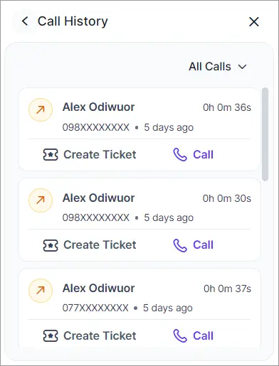 Call history UI showing 3 records with Alex Odiwuor; 5-day-old calls include duration, number, and ticket/call options.