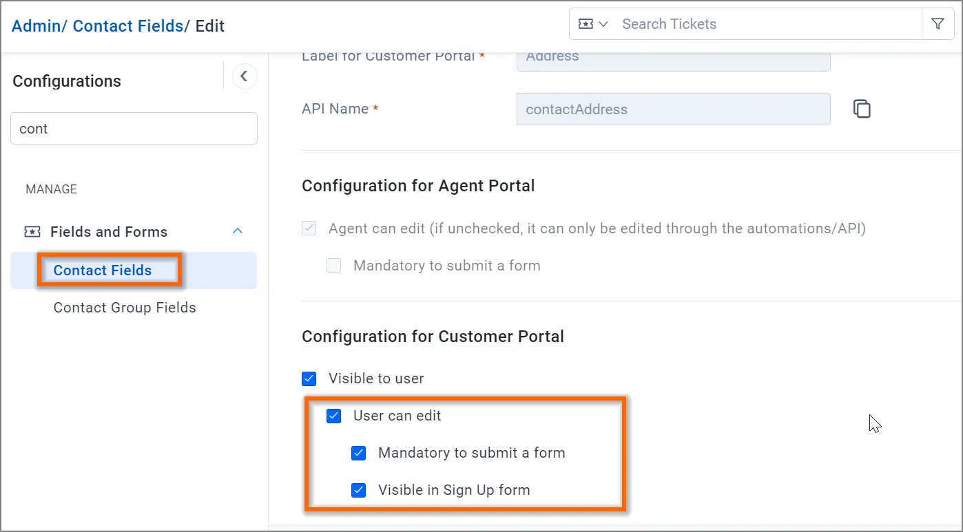 Admin panel shows contact field settings for agent/customer portals; specific user permissions are visibly checked.