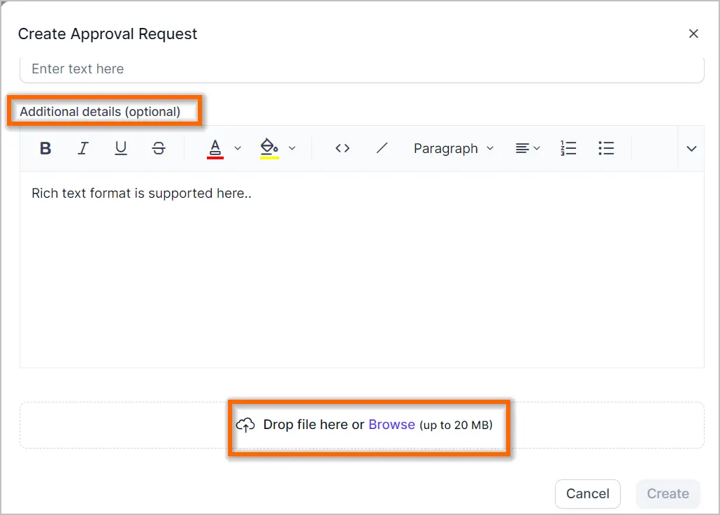 Approval request UI with input box for details, rich text formatting toolbar, and file upload section for attachments.