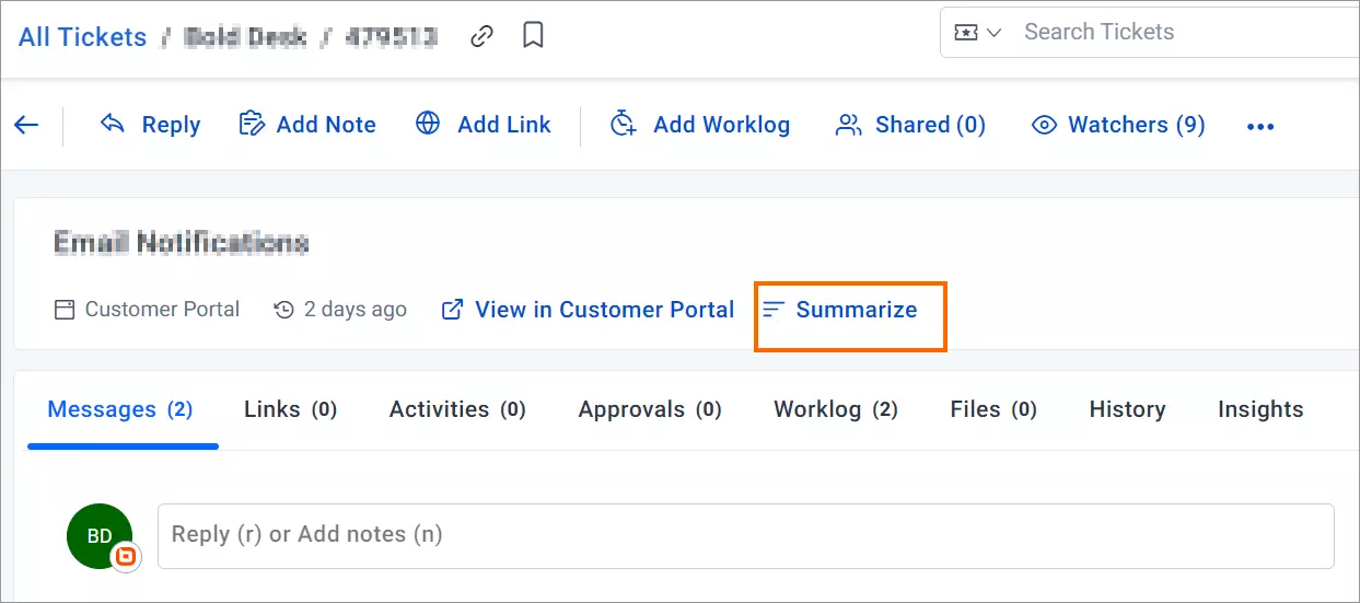 Customer portal interface showing ticket actions like reply, add notes, summarize, with tabs for messages and worklog.
