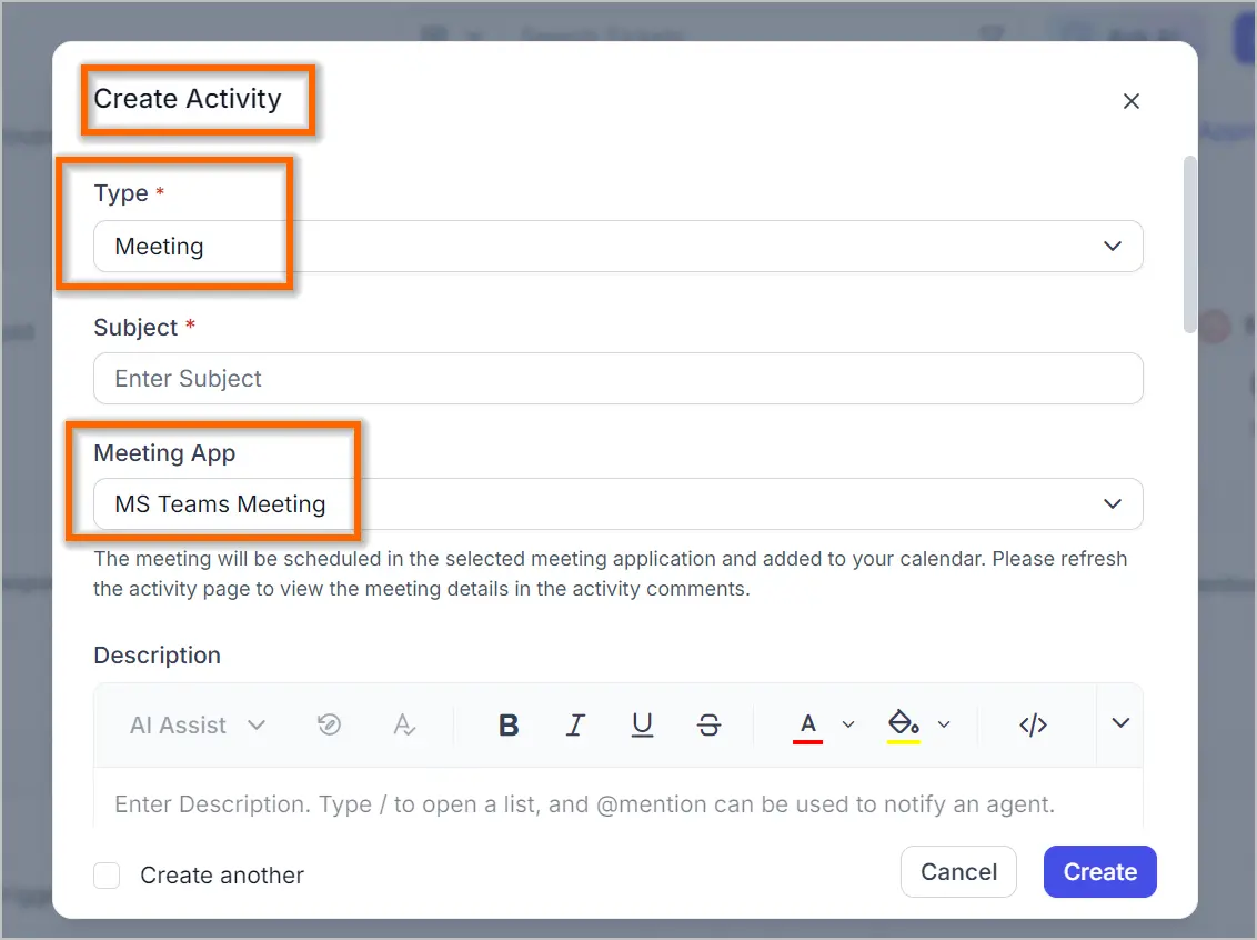 Create Activity dialog box for scheduling a meeting; fields for type, subject, and app are highlighted in orange for clarity.