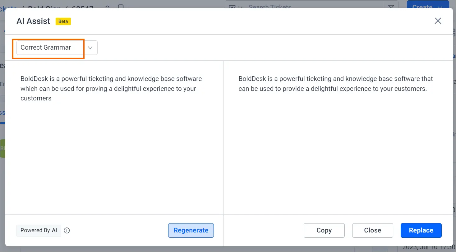 AI tool UI showing 'Correct Grammar' feature with side-by-side text; regenerate, copy, close, replace buttons below.