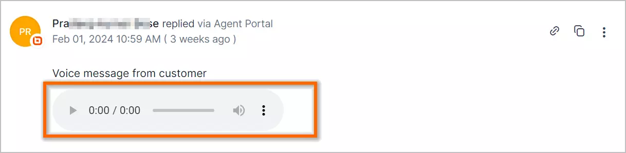 Email screenshot with customer voice message; audio controls for play and volume are highlighted in orange.