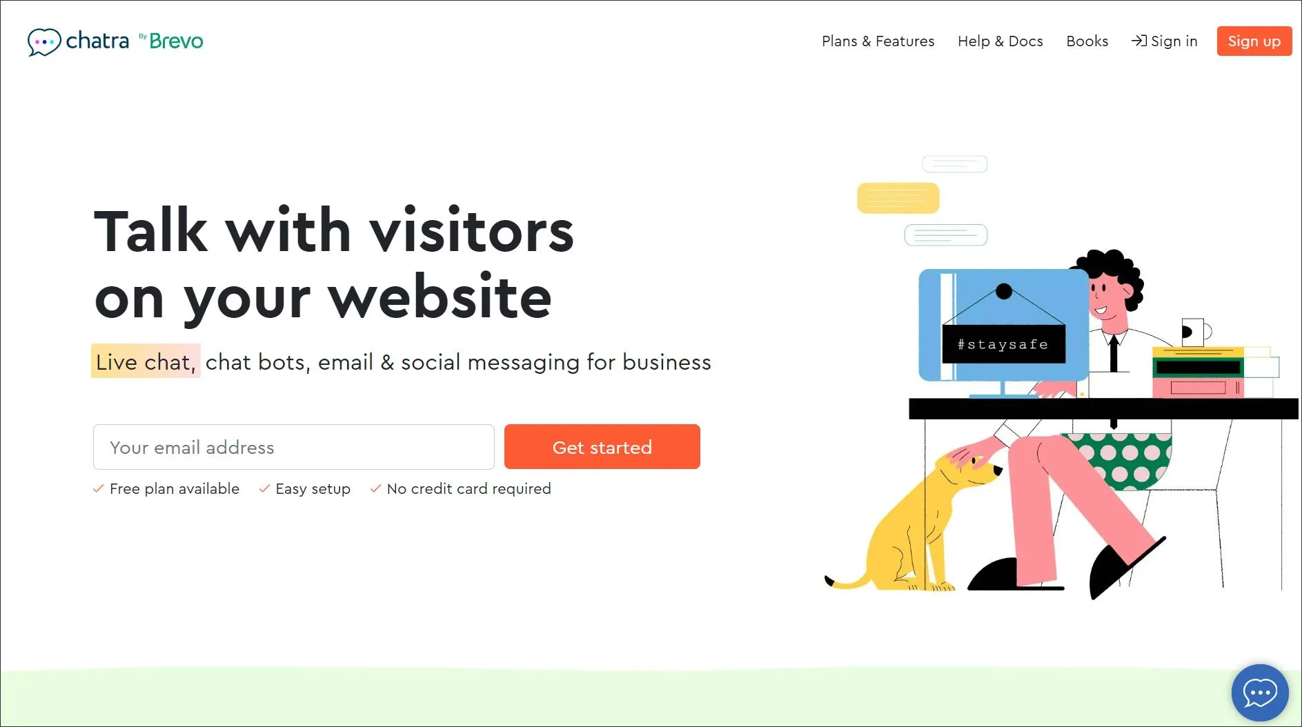 Chatra homepage with live chat promo, desk illustration with dog, friendly tone, and highlighted free plan and easy setup.