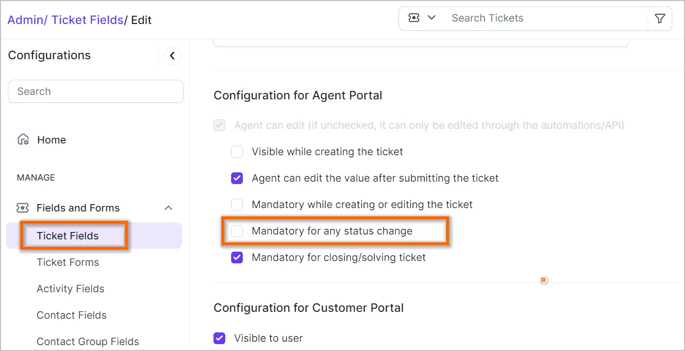 UI displays ticket field configuration with orange-highlighted “Mandatory for any status change” option; tidy design.
