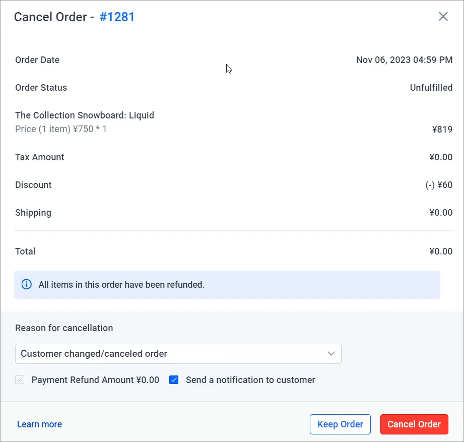 Order #1281 cancellation screen showing snowboard item, refund confirmed, ₹0 total, and cancel buttons at bottom.
