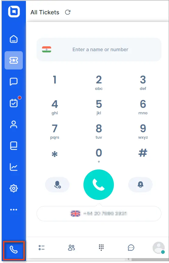 Dial pad interface with numeric keys, mic and contacts icons; blue sidebar shows navigation icons for home and settings.