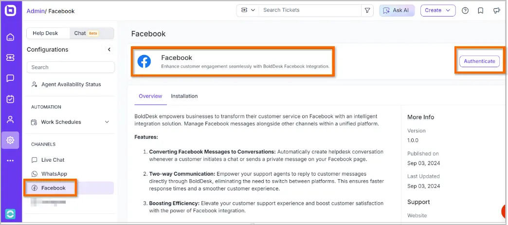 BoldDesk Facebook integration page showing configuration options, feature list, and highlighted “Authenticate” button.