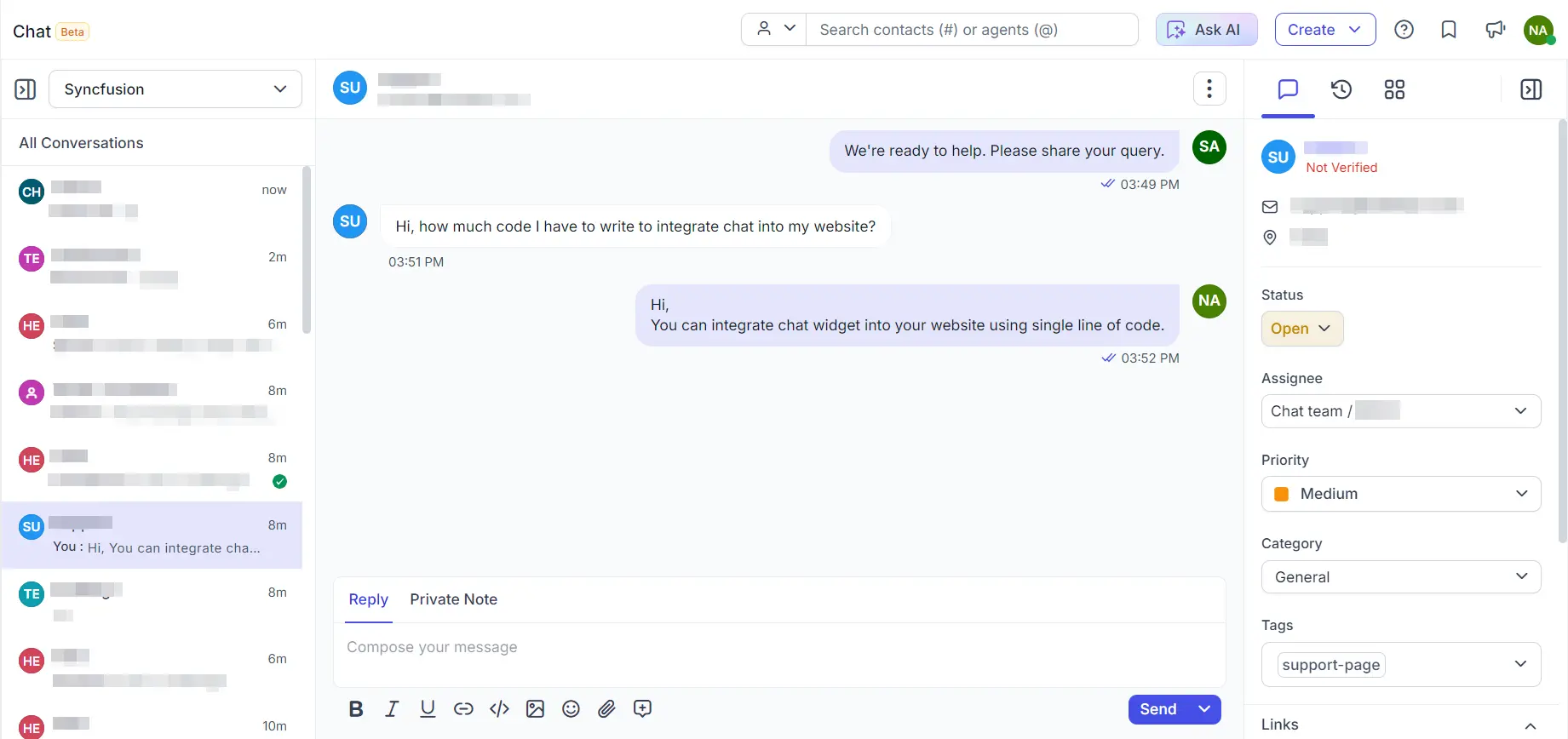 Chat interface showing a website widget integration discussion, with message panel, reply options, and note-taking tools.
