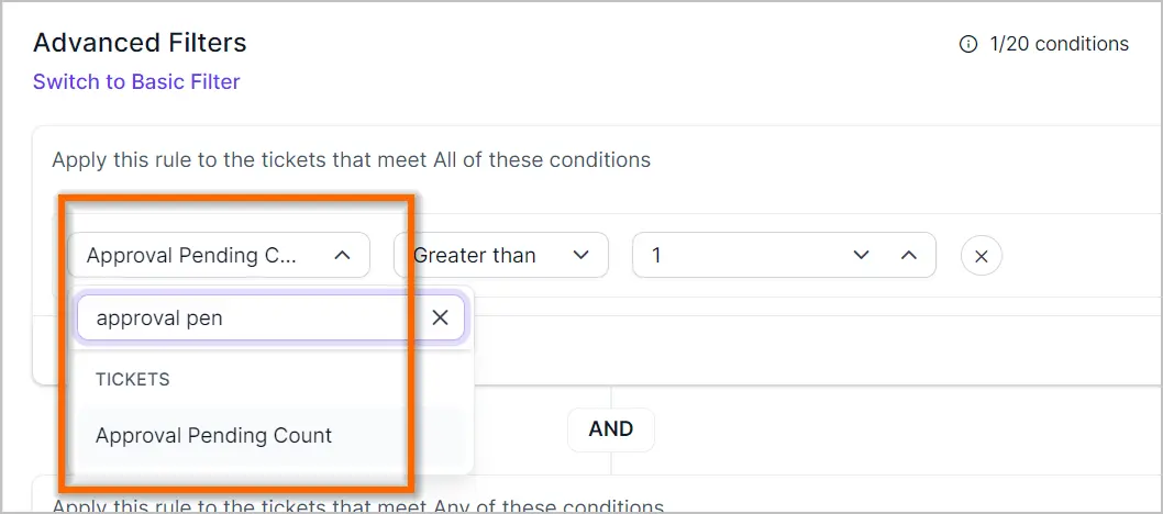 UI showing advanced filter options; “Approval Pending Count” dropdown and “approval pen” suggestion under conditions.