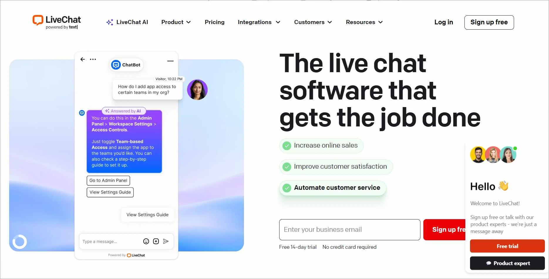 LiveChat homepage with chatbot on left, benefits on right, highlighting sales boost, satisfaction, signup, and free trial.