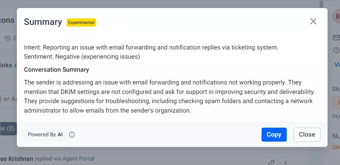 Interface with summary box showing email forwarding issues; highlights negative sentiment and troubleshooting tips.
