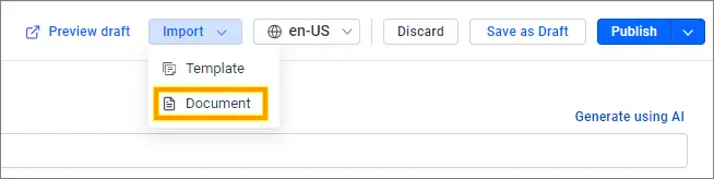 Publishing UI with “Document” selected in dropdown; buttons for preview, language, save, and publish are visible.