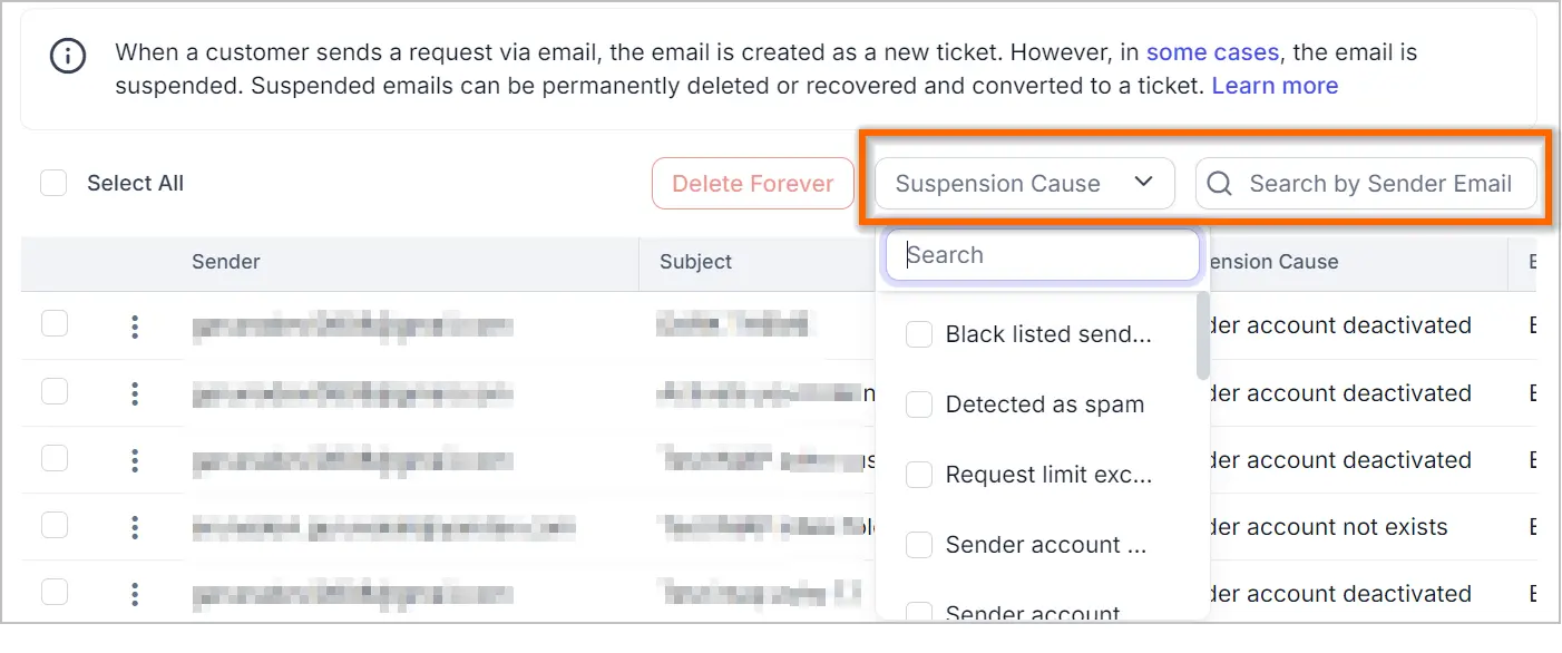 Screenshot of email management screen; suspended emails listed, 'Suspension Cause' menu open with sender blacklist reason.
