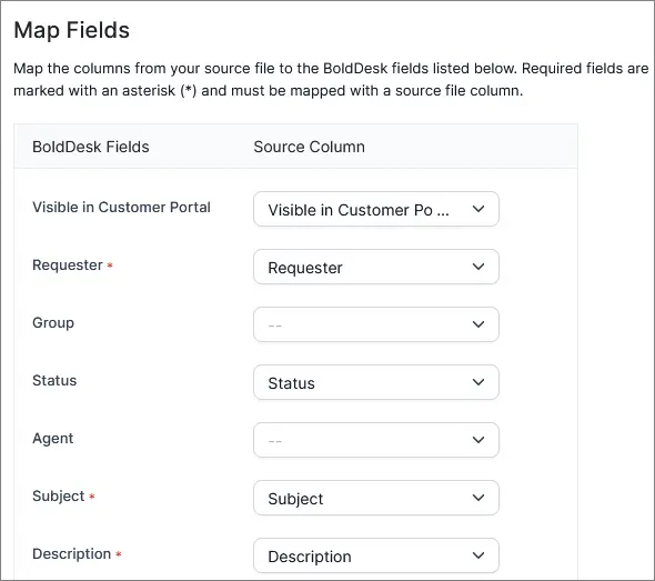Map fields UI showing BoldDesk fields matched to source columns; required fields marked with asterisks.