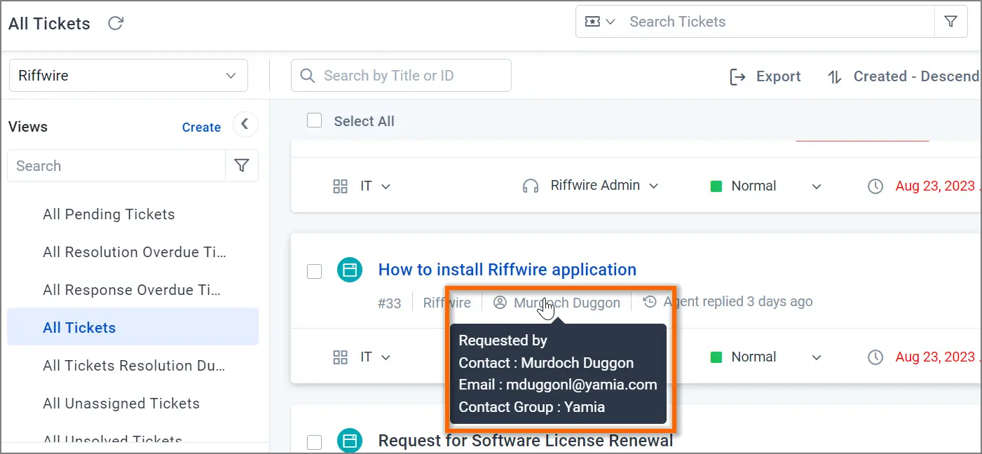 Helpdesk dashboard with ticket list; highlighted ticket shows popup with requester details for Riffwire installation query.