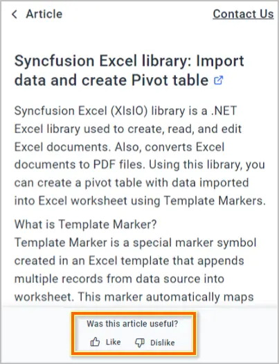 Syncfusion Excel library article screenshot highlighting data import and pivot table creation; feedback option visible.