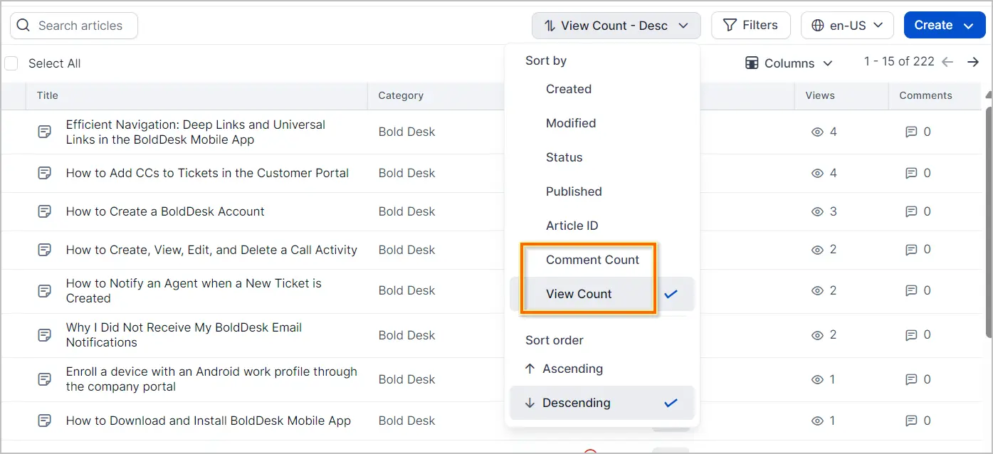 Knowledge base UI with article list and stats; dropdown shows 'View Count' selected and highlighted in orange.