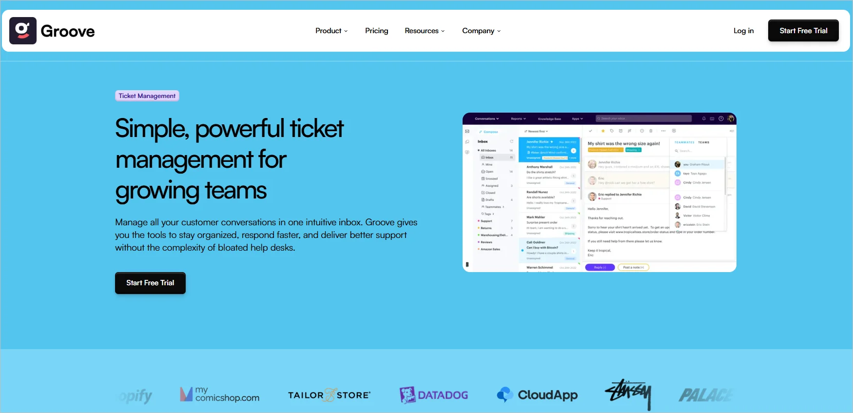 Groove homepage shows headline 'Simple, powerful ticket management for growing teams' with free trial button and conversation menu interface