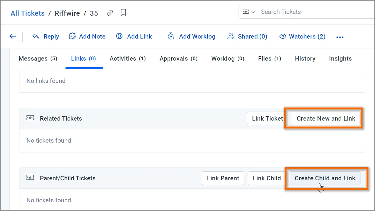 Interface showing tabs for messages, links, activities; highlighted buttons for creating and linking new or child items.