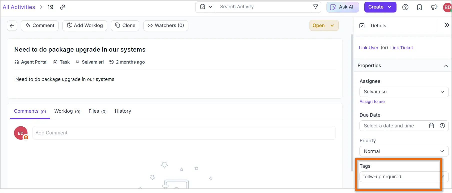 Task UI displays “Need to do package upgrade in our systems,” assigned to Selvam Sri, with tag “follow-up required.”