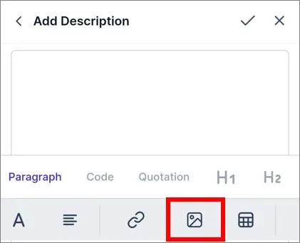 Screenshot of editor showing paragraph, code, quote, header tools; image icon marked with red box.